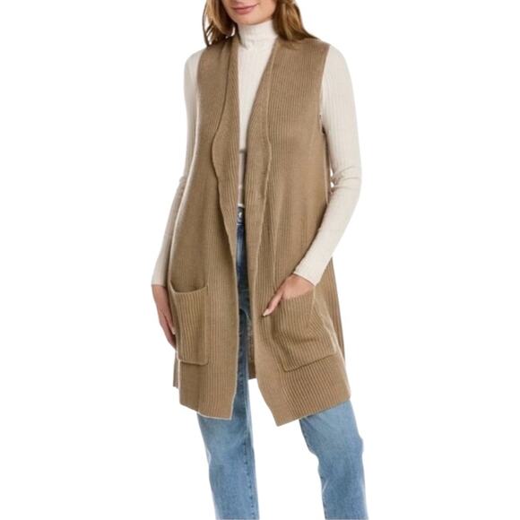 NWT Splendid Juliet Open Front Mid Length Tan Knit Cardigan Sweater Vest LARGE - Picture 1 of 8